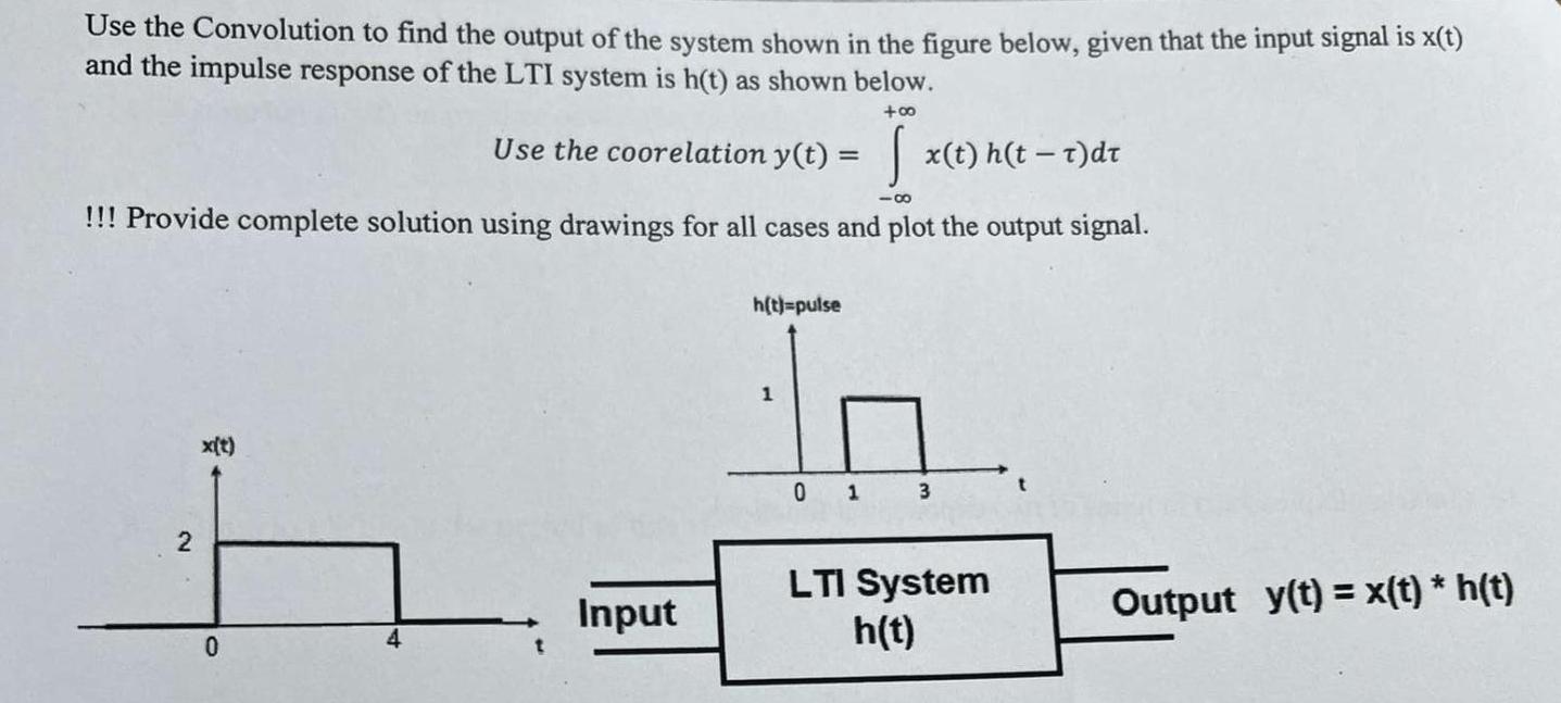 Use the Convolution to find the output of the system shown in the figure below, given that the input signal