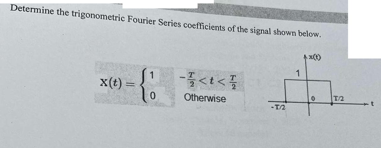 Determine the trigonometric Fourier Series coefficients of the signal shown below. X(t) = T - < t < Otherwise