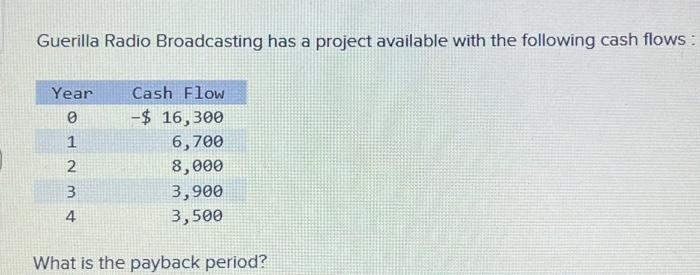 Guerilla Radio Broadcasting has a project available with the following cash flows: Year 0 1 2 3 4 Cash Flow