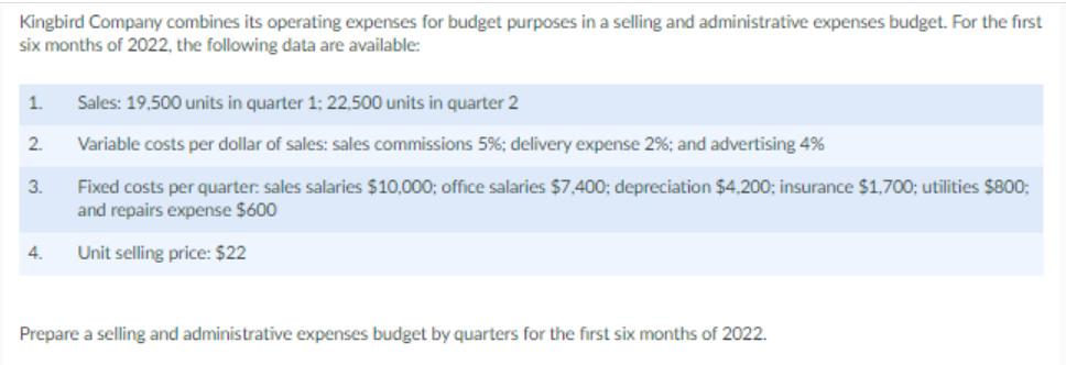 Kingbird Company combines its operating expenses for budget purposes in a selling and administrative expenses