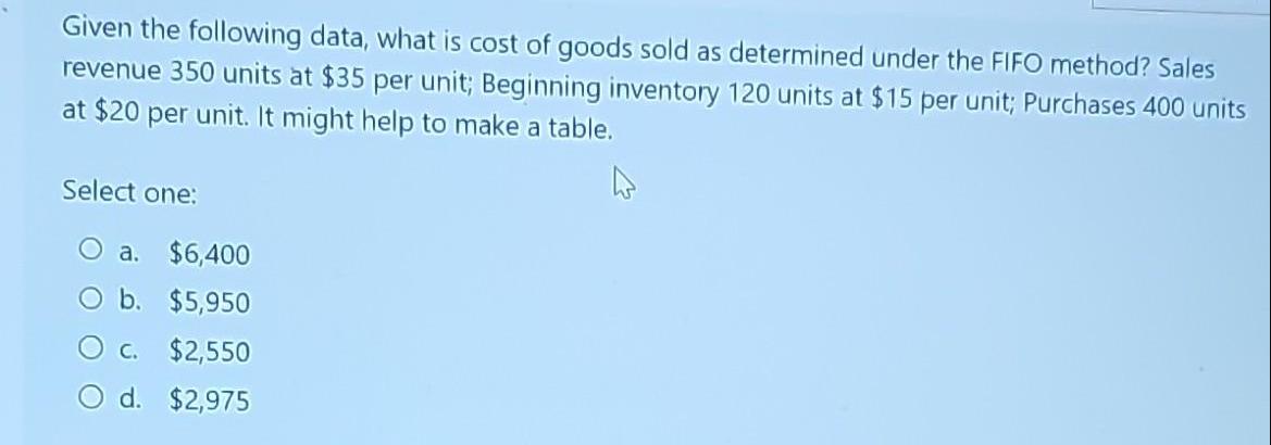 Given the following data, what is cost of goods sold as determined under the FIFO method? Sales revenue 350