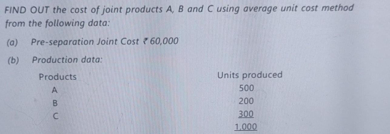 FIND OUT the cost of joint products A, B and C using average unit cost method from the following data: (a)