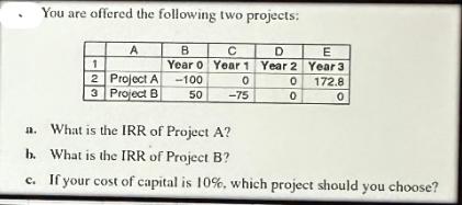 You are offered the following two projects: D Year 2 1 2 3 A Project A Project B B C Year 0 Year 1 -100 0 50