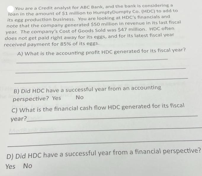 You are a Credit analyst for ABC Bank, and the bank is considering a loan in the amount of $1 million to