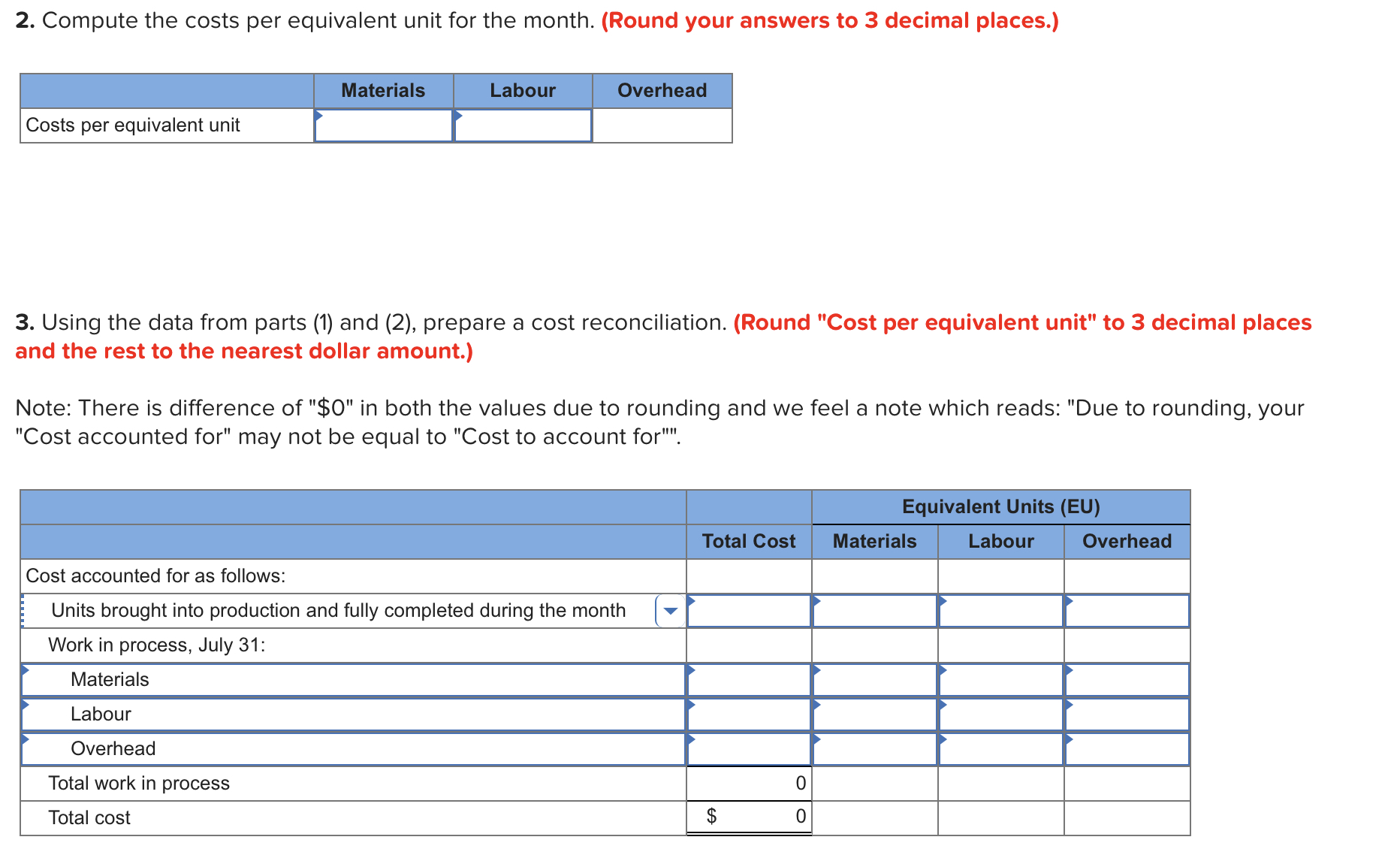 2. Compute the costs per equivalent unit for the month. (Round your answers to 3 decimal places.) Costs per