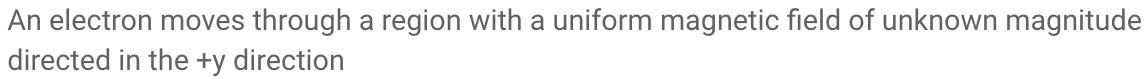 An electron moves through a region with a uniform magnetic field of unknown magnitude directed in the +y