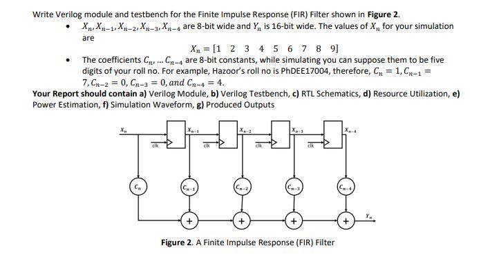 Write Verilog module and testbench for the Finite Impulse Response (FIR) Filter shown in Figure 2. XnXn-1,