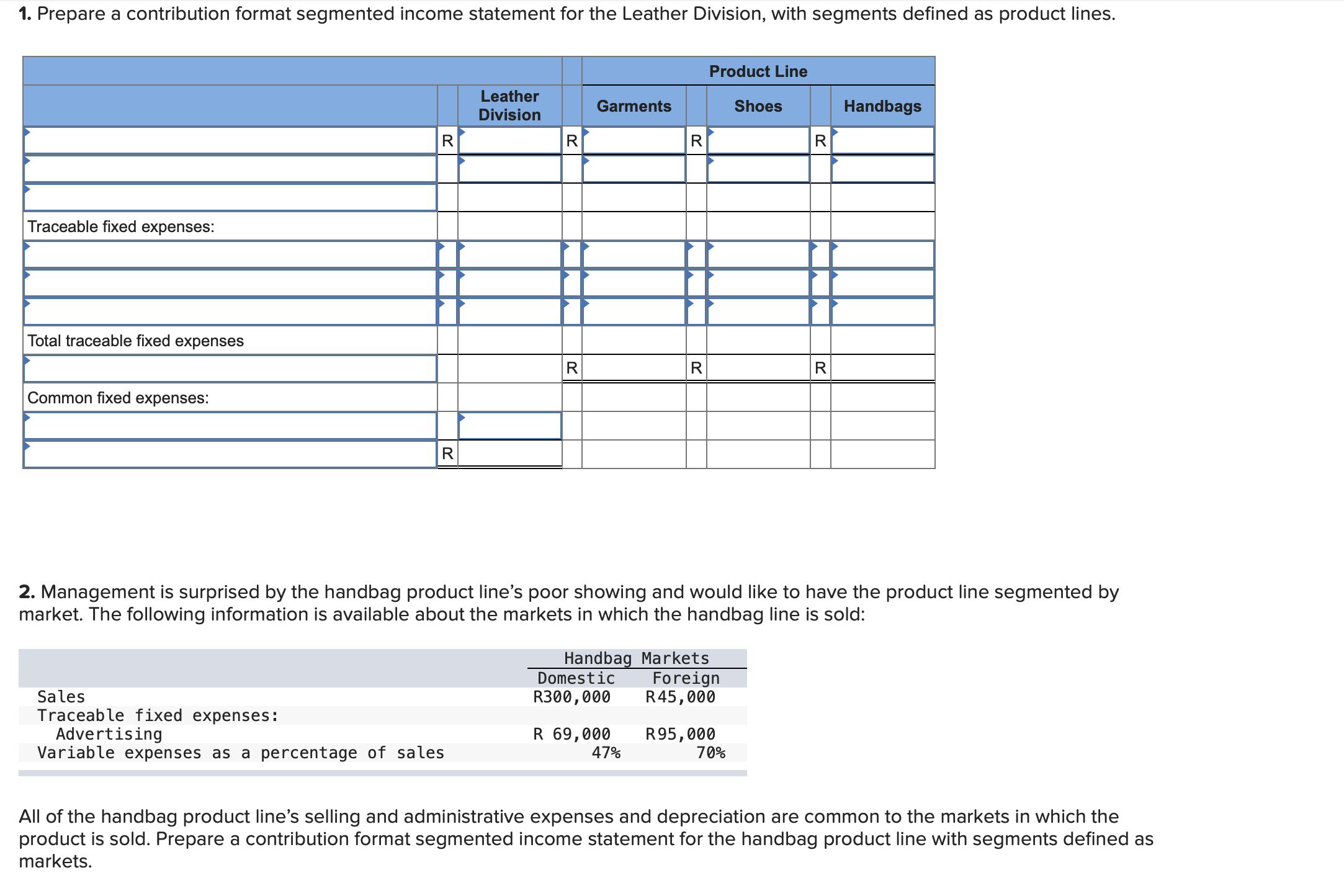 1. Prepare a contribution format segmented income statement for the Leather Division, with segments defined