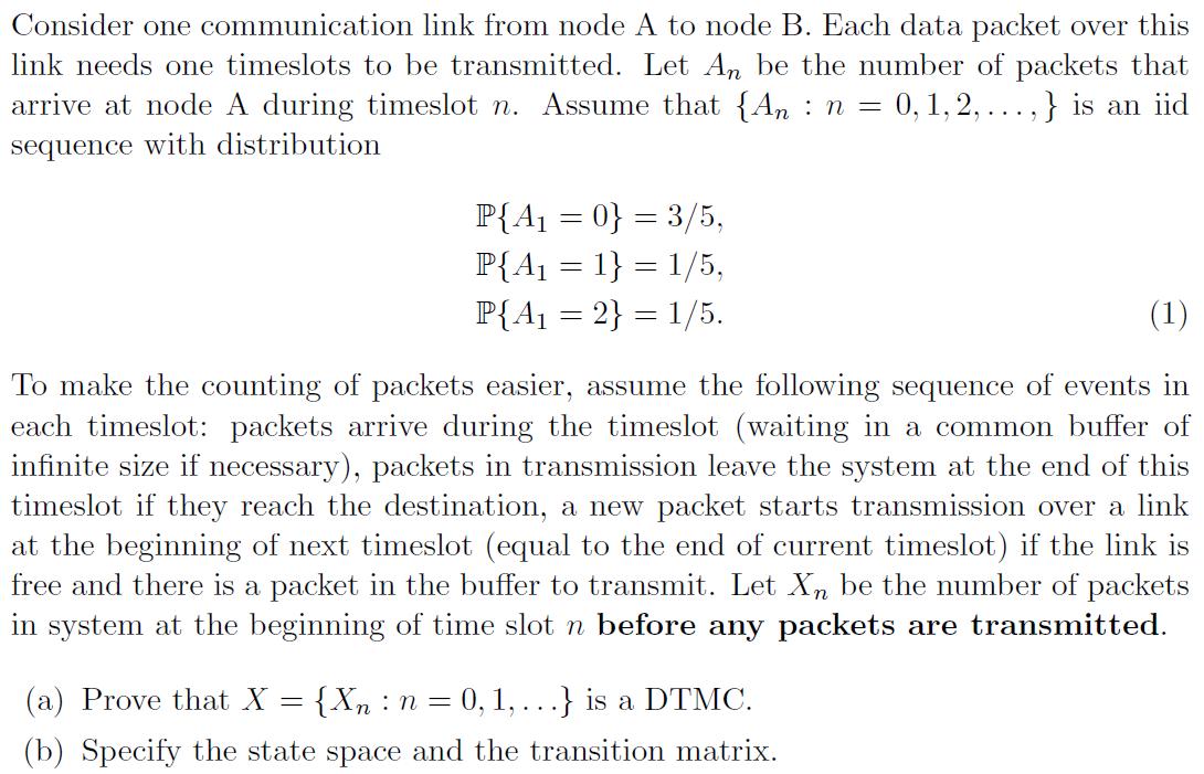 Consider one communication link from node A to node B. Each data packet over this link needs one timeslots to