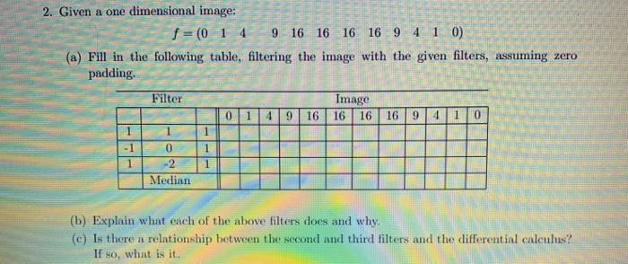 2. Given a one dimensional image: f= (01 4 9 16 16 16 16 9 4 1 0) (a) Fill in the following table, filtering