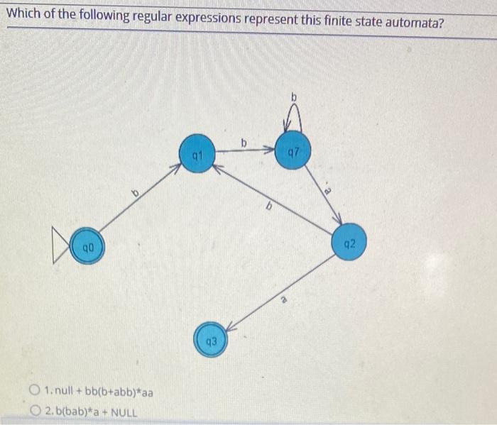 Which of the following regular expressions represent this finite state automata? 90 O 1. null+bb(b+abb)*aa