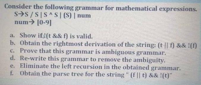 Consider the following grammar for mathematical expressions. SS/SIS^S | (S) | num num [0-9] a. Show if(t &&