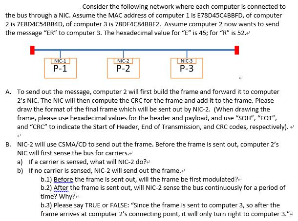 Consider the following network where each computer is connected to the bus through a NIC. Assume the MAC