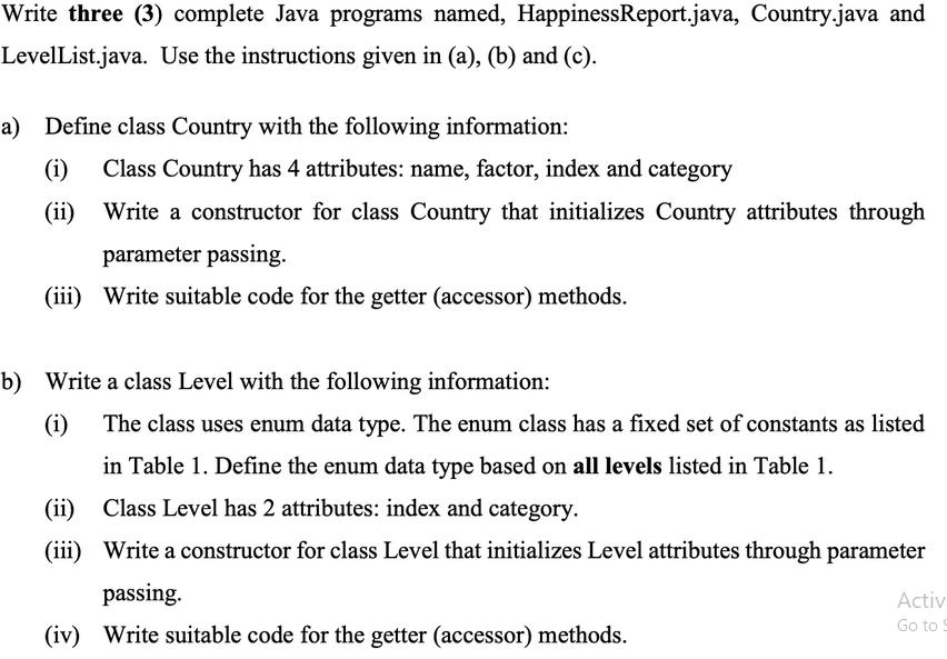 Write three (3) complete Java programs named, Happiness Report.java, Country.java and LevelList.java. Use the