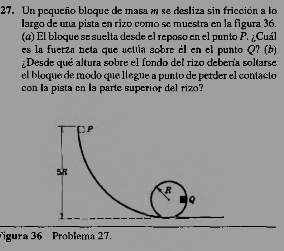 27. Un pequeo bloque de masa m se desliza sin friccin a lo largo de una pista en rizo como se muestra en la