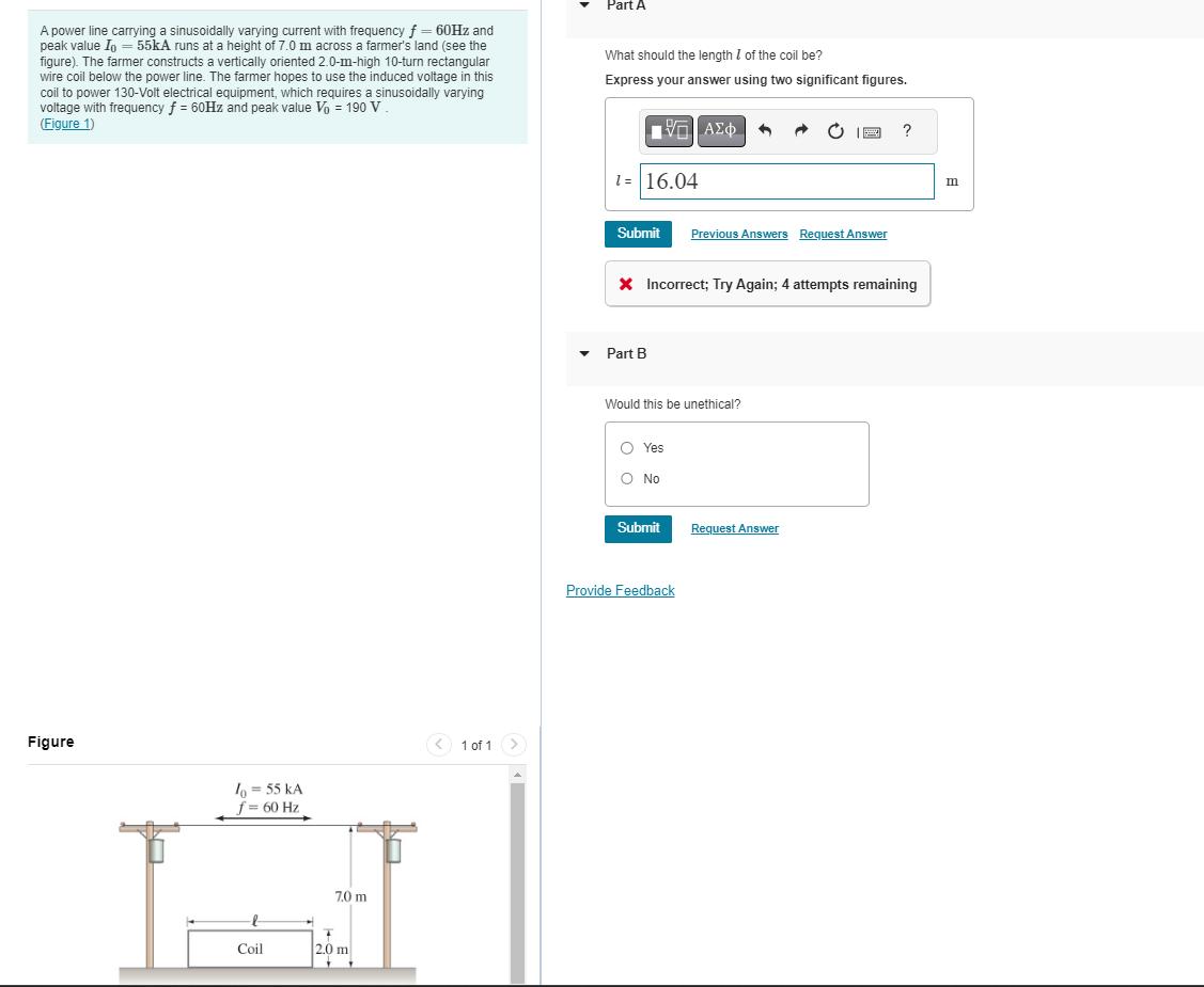 A power line carrying a sinusoidally varying current with frequency f = 60Hz and peak value Io = 55kA runs at