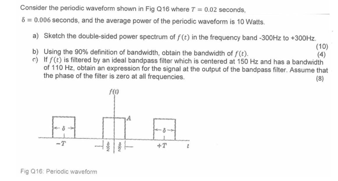 Consider the periodic waveform shown in Fig Q16 where T = 0.02 seconds, 8 = 0.006 seconds, and the average
