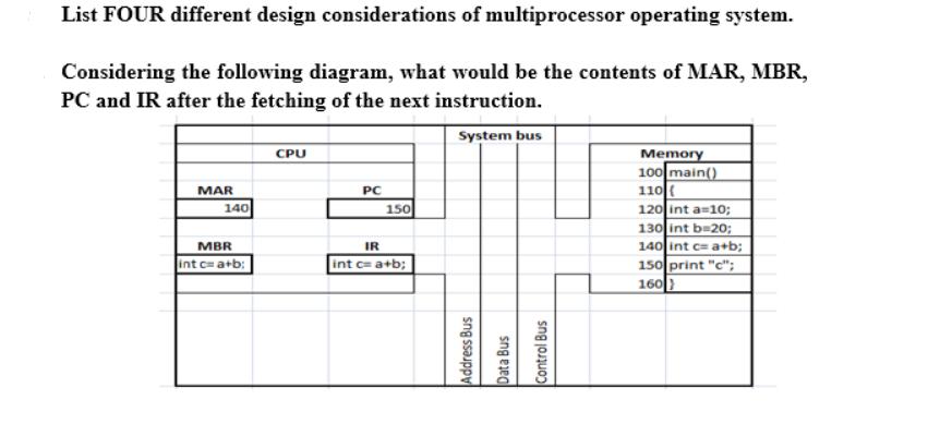List FOUR different design considerations of multiprocessor operating system. Considering the following