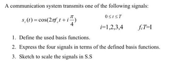 A communication system transmits one of the following signals: OSIST s, (t) = cos(2nft+i) i=1,2,3,4 fet=I 1.