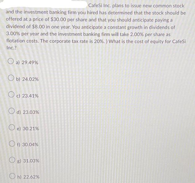 CafeSi Inc. plans to issue new common stock and the investment banking firm you hired has determined that the