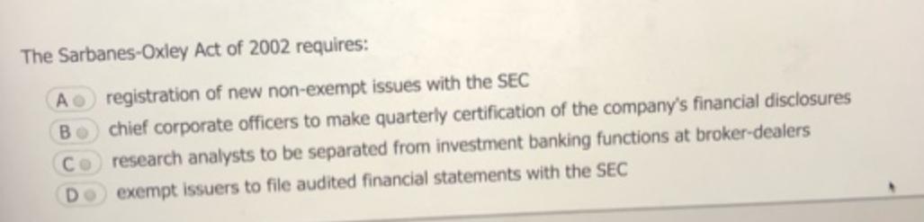 The Sarbanes-Oxley Act of 2002 requires: A B Co DO registration of new non-exempt issues with the SEC chief