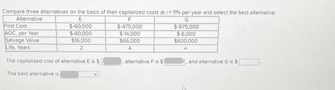 Compare three alternatives on the basis of their capitalized costs at /= 11% per year and select the best