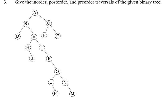 3. Give the inorder, postorder, and preorder traversals of the given binary tree. D B H A (E F I K (G) (P N M