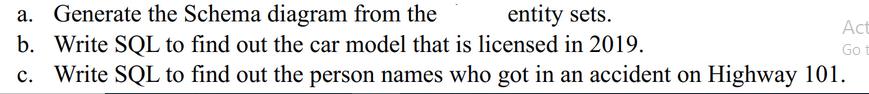 a. Generate the Schema diagram from the entity sets. b. Write SQL to find out the car model that is licensed