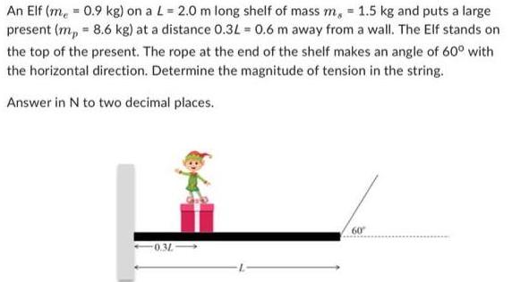 An Elf (m, = 0.9 kg) on a L = 2.0 m long shelf of mass m, 1.5 kg and puts a large present (m, = 8.6 kg) at a
