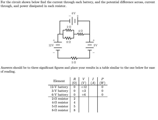 For the circuit shown below find the current through each battery, and the potential difference across,