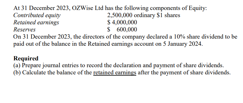At 31 December 2023, OZWise Ltd has the following components of Equity: Contributed equity 2,500,000 ordinary