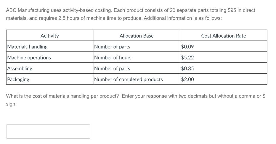 ABC Manufacturing uses activity-based costing. Each product consists of 20 separate parts totaling $95 in