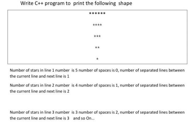 Write C++ program to print the following shape **** *** Number of stars in line 1 number is 5 number of