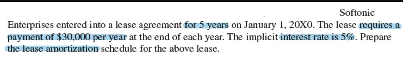 Softonic Enterprises entered into a lease agreement for 5 years on January 1, 20X0. The lease requires a