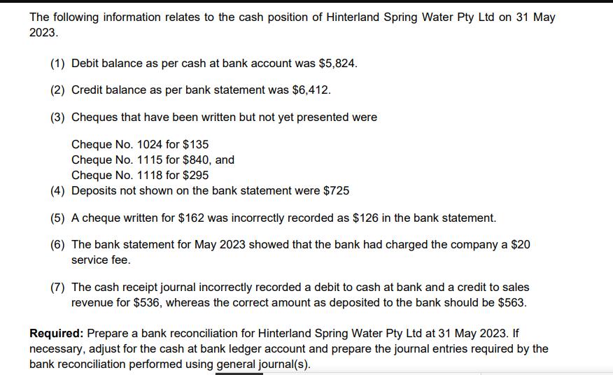 The following information relates to the cash position of Hinterland Spring Water Pty Ltd on 31 May 2023. (1)