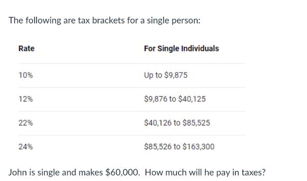 The following are tax brackets for a single person: Rate 10% 12% 22% 24% For Single Individuals Up to $9,875