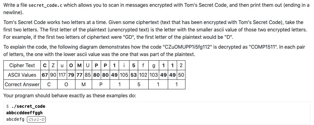 Write a file secret_code.c which allows you to scan in messages encrypted with Tom's Secret Code, and then
