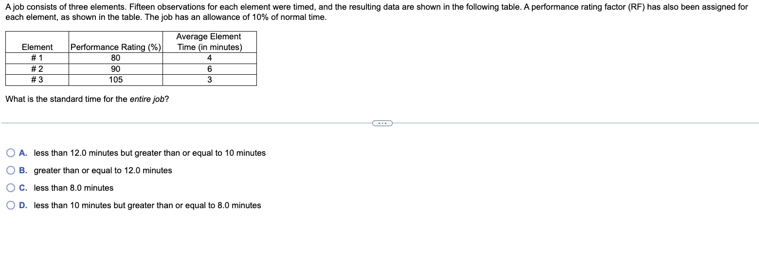 A job consists of three elements. Fifteen observations for each element were timed, and the resulting data