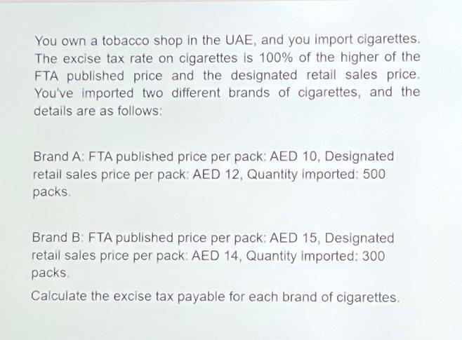You own a tobacco shop in the UAE, and you import cigarettes. The excise tax rate on cigarettes is 100% of