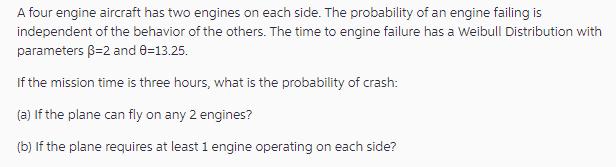 A four engine aircraft has two engines on each side. The probability of an engine failing is independent of