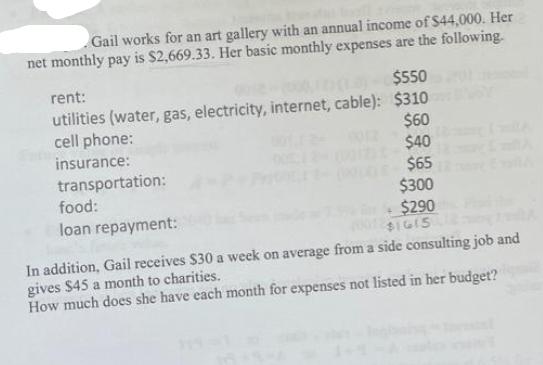 Gail works for an art gallery with an annual income of $44,000. Her net monthly pay is $2,669.33. Her basic