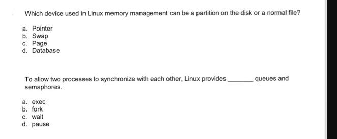 Which device used in Linux memory management can be a partition on the disk or a normal file? a. Pointer b.