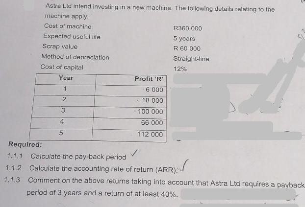 Astra Ltd intend investing in a new machine. The following details relating to the machine apply: Cost of
