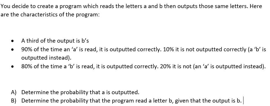 You decide to create a program which reads the letters a and b then outputs those same letters. Here are the