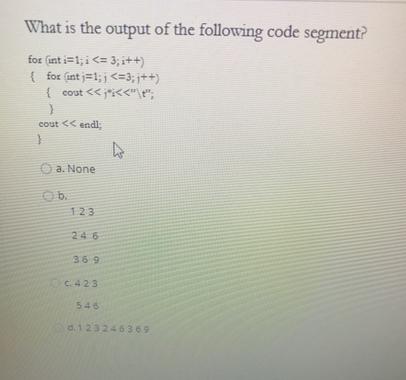 What is the output of the following code segment? for (int i=1;i