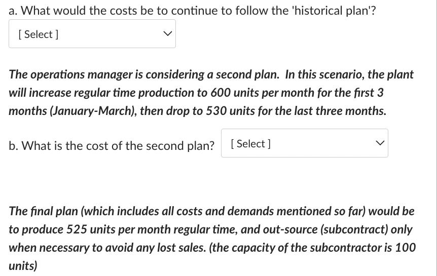 a. What would the costs be to continue to follow the 'historical plan'? [Select ] The operations manager is