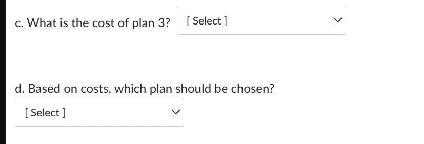 c. What is the cost of plan 3? [Select] d. Based on costs, which plan should be chosen? [Select]