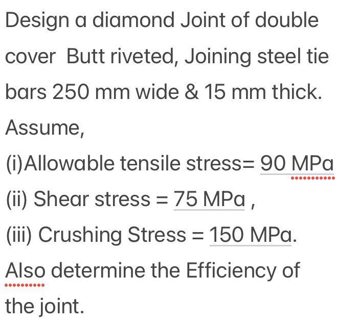 Design a diamond Joint of double cover Butt riveted, Joining steel tie bars 250 mm wide & 15 mm thick.