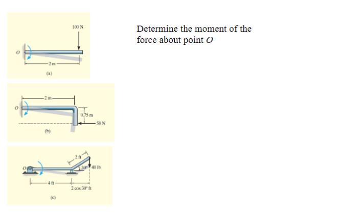 2m (4) -4ft 100 N 0.75 m -50 N 30 40 lb 2 cos 30 ft Determine the moment of the force about point O