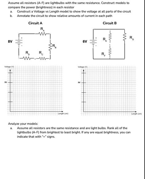 Assume all resistors (A-F) are lightbulbs with the same resistance. Construct models to compare the power